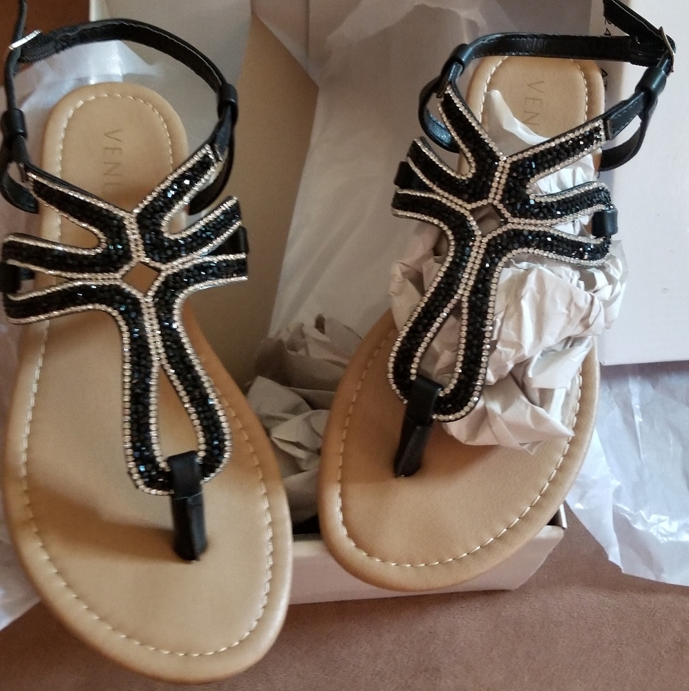 Venus Black Bling Dress Flat Sandals size